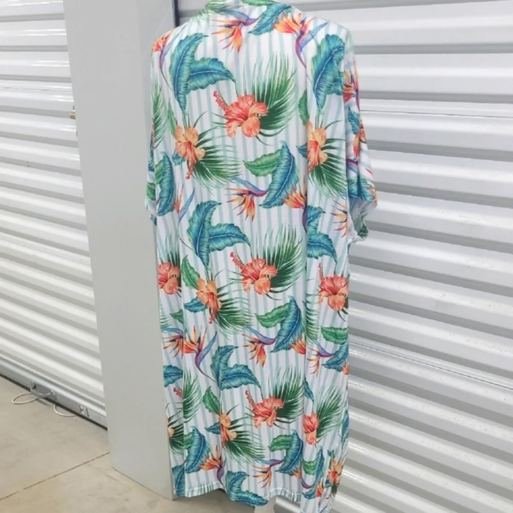 Floral Kimono Cardigan Open Front Hibiscus Bird Of Paradise Print Wrap White